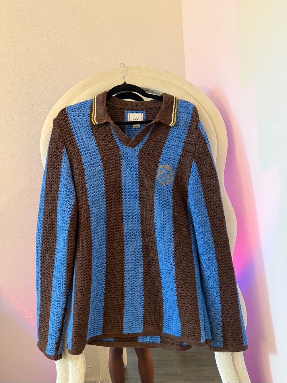 BDG Women’s Blue & Brown Striped V-Neck Polo Sweater